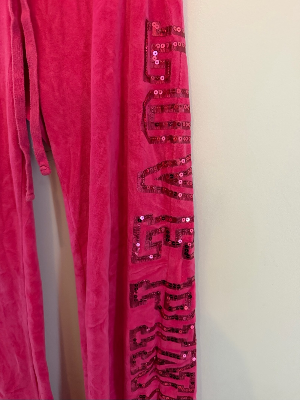 Vintage Hot Pink Velour Lounge Pants with Side Sequin Script - Picture 6 of 9